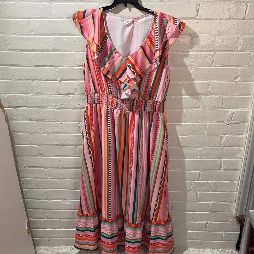 Grace Karin Pink and Multicolor Striped Midi Dress
